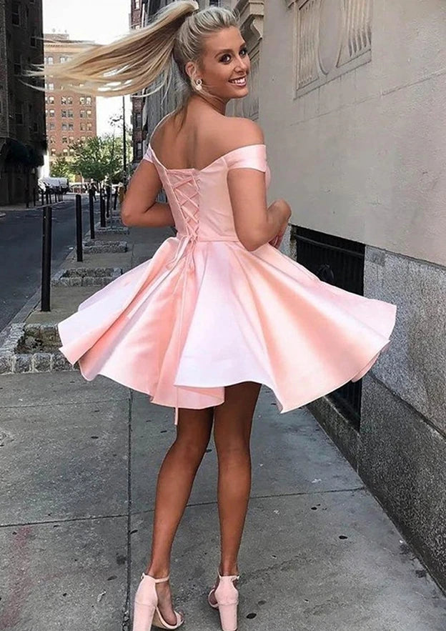 Charming Satin A-Line Sweetheart Off-Shoulder Lace-Up Back Short Homecoming Dresses