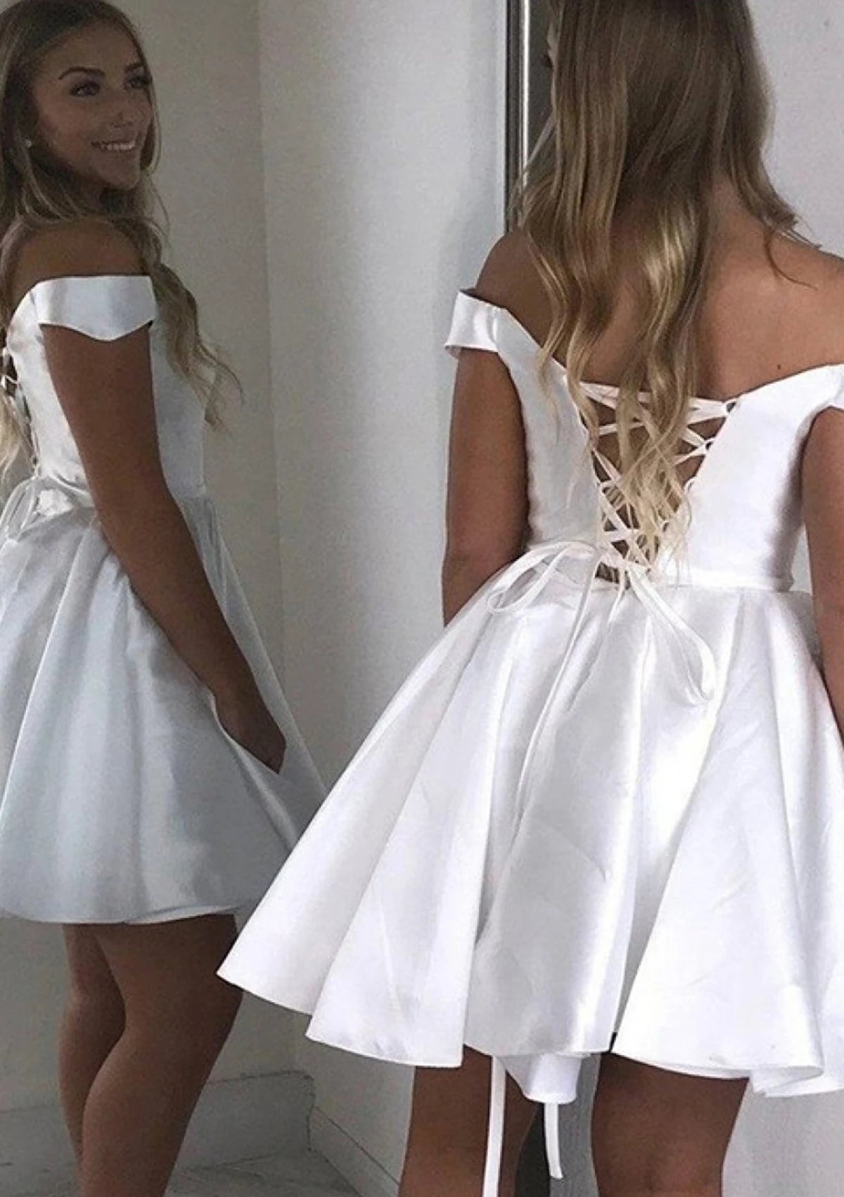 Charming Satin A-Line Sweetheart Off-Shoulder Lace-Up Back Short Homecoming Dresses
