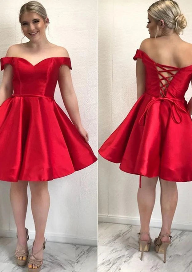 Charming Satin A-Line Sweetheart Off-Shoulder Lace-Up Back Short Homecoming Dresses