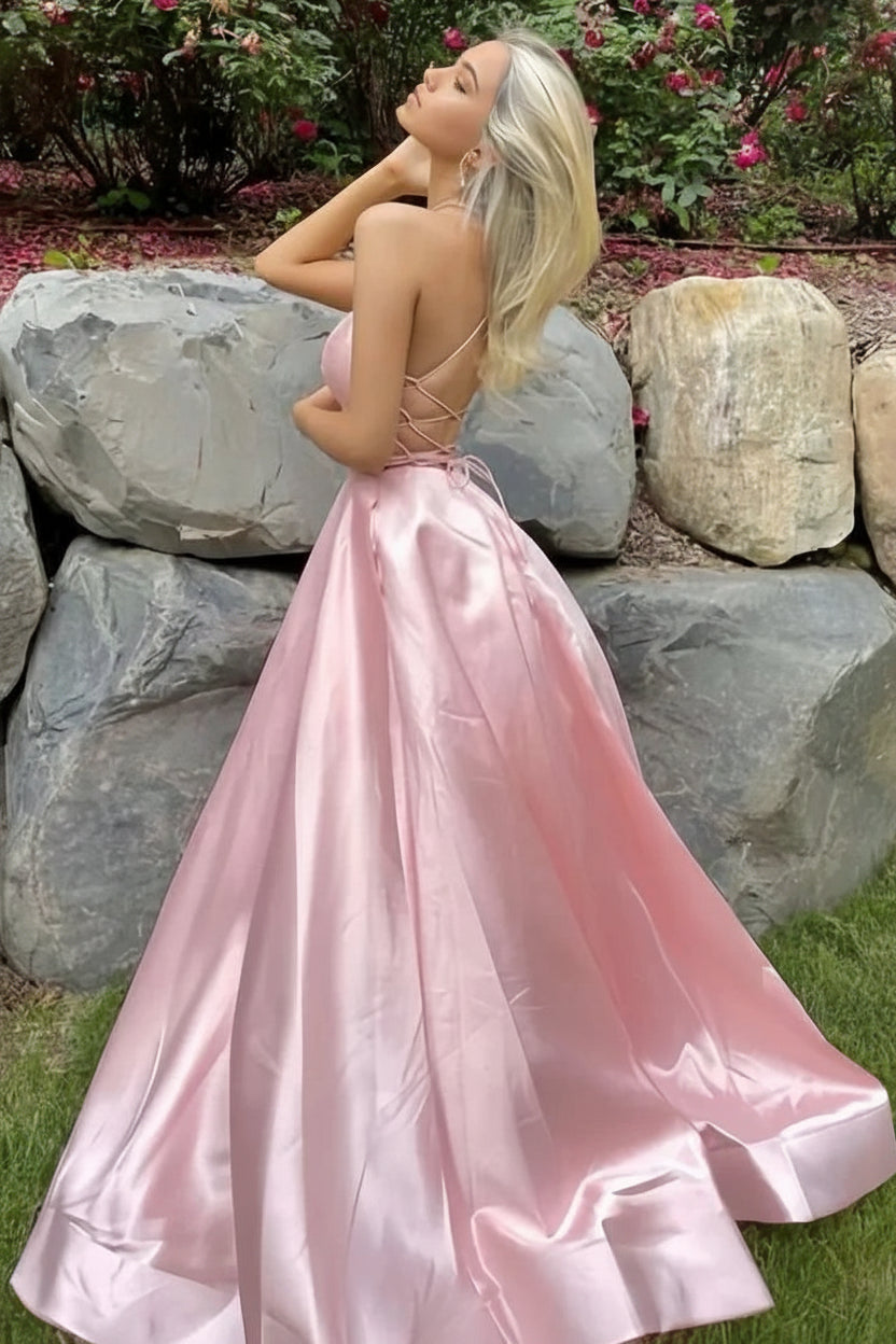Charming Satin A-Line Sweetheart Spaghetti Straps Lace-Up Back Floor-Length Evening Dresses