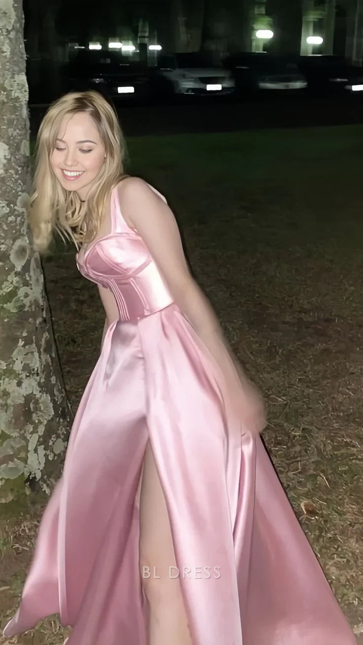 Charming Satin A-Line Sweetheart Spaghetti Straps Lace-Up Back Floor-Length Evening Dresses