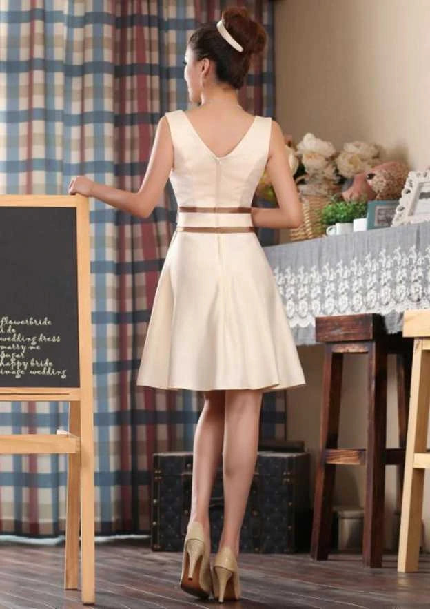 Charming Satin A-Line V-Neck Sleeveless V-Back Short Homecoming Dresses
