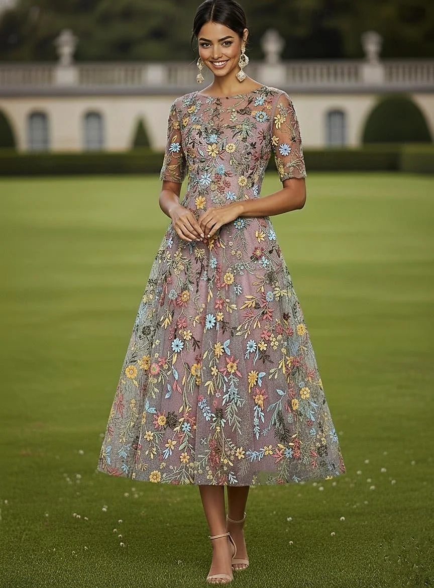 Charming Tulle A-Line Boat Neck Half Sleeve Closed Back Midi Mother of the Bride Dresses