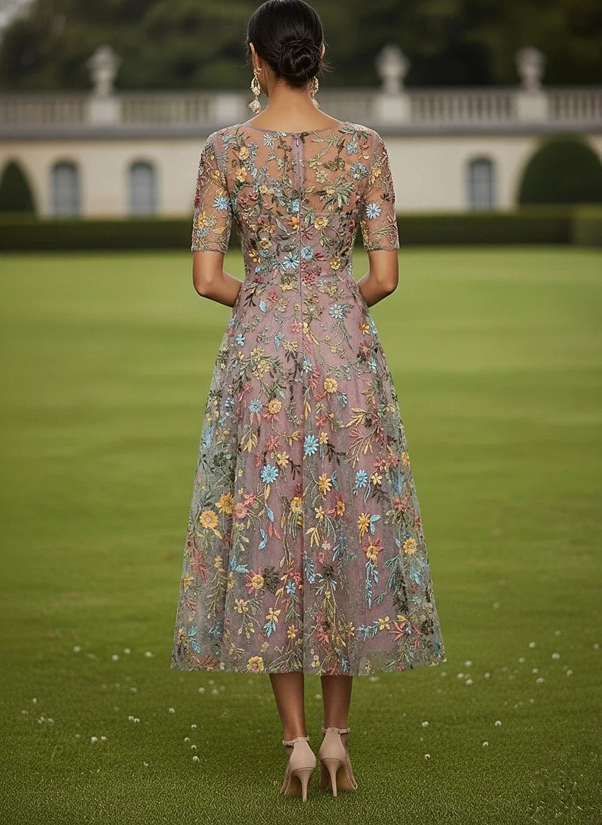 Charming Tulle A-Line Boat Neck Half Sleeve Closed Back Midi Mother of the Bride Dresses