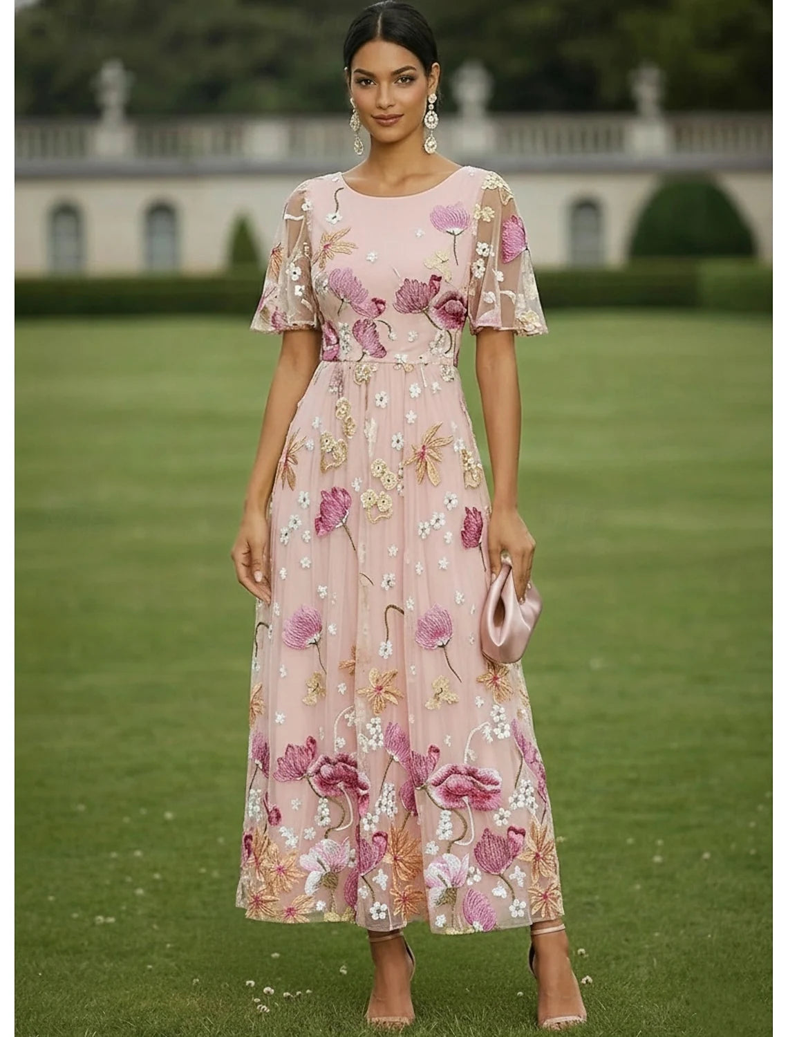 Charming Tulle A-Line Round Neck Flutter Sleeve V-Back Midi Floral Embroidered Mother of the Bride Dresses