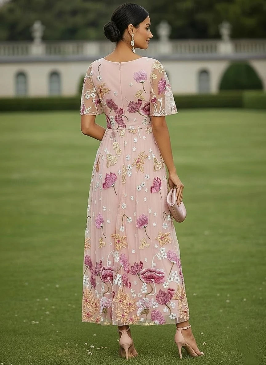 Charming Tulle A-Line Round Neck Flutter Sleeve V-Back Midi Floral Embroidered Mother of the Bride Dresses