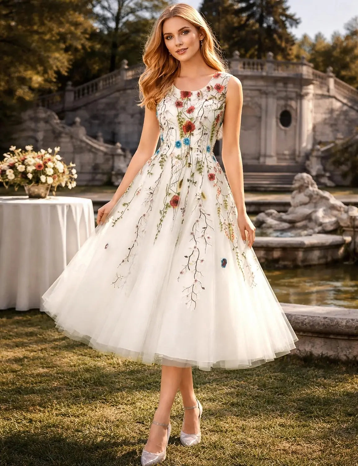 Charming Tulle A-Line Scoop Neck Sleeveless V-Back Tea-Length Prom Dresses for Women
