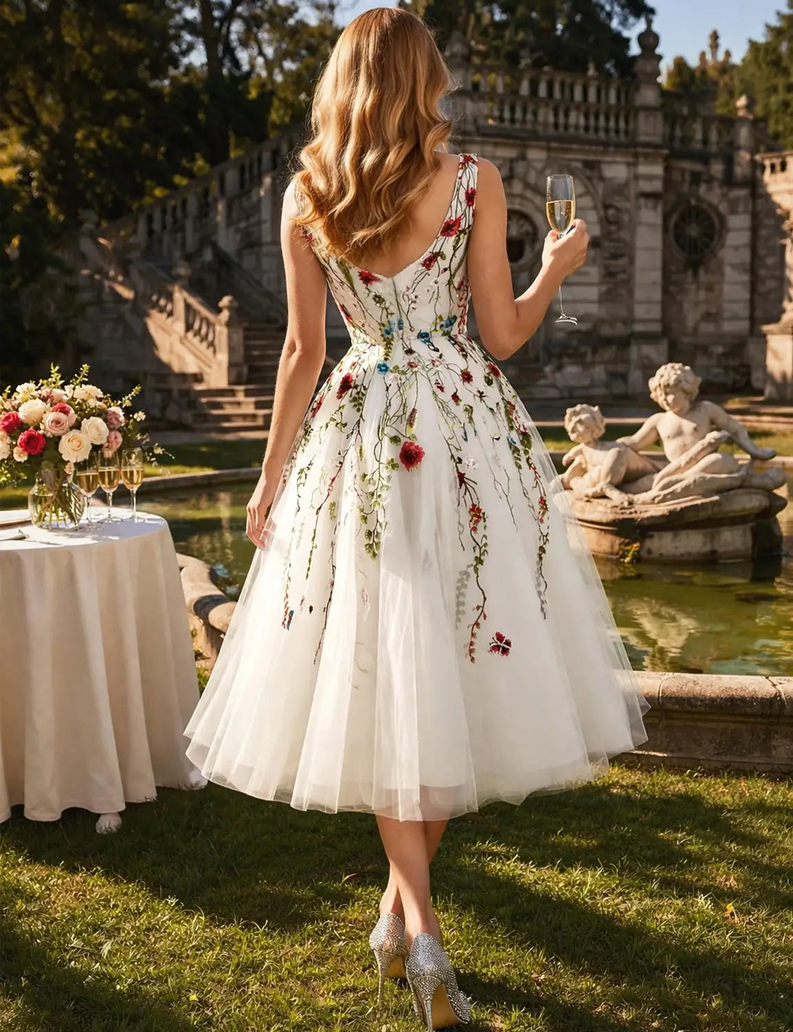 Charming Tulle A-Line Scoop Neck Sleeveless V-Back Tea-Length Prom Dresses for Women