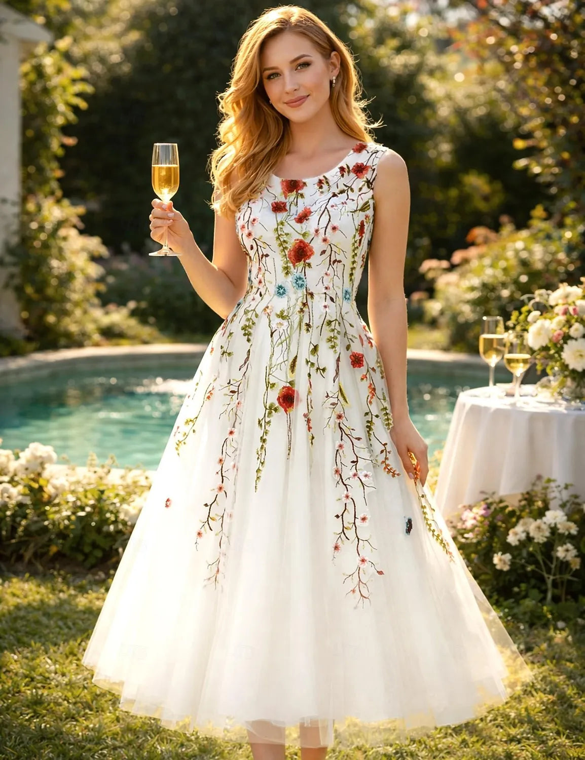 Charming Tulle A-Line Scoop Neck Sleeveless V-Back Tea-Length Prom Dresses for Women