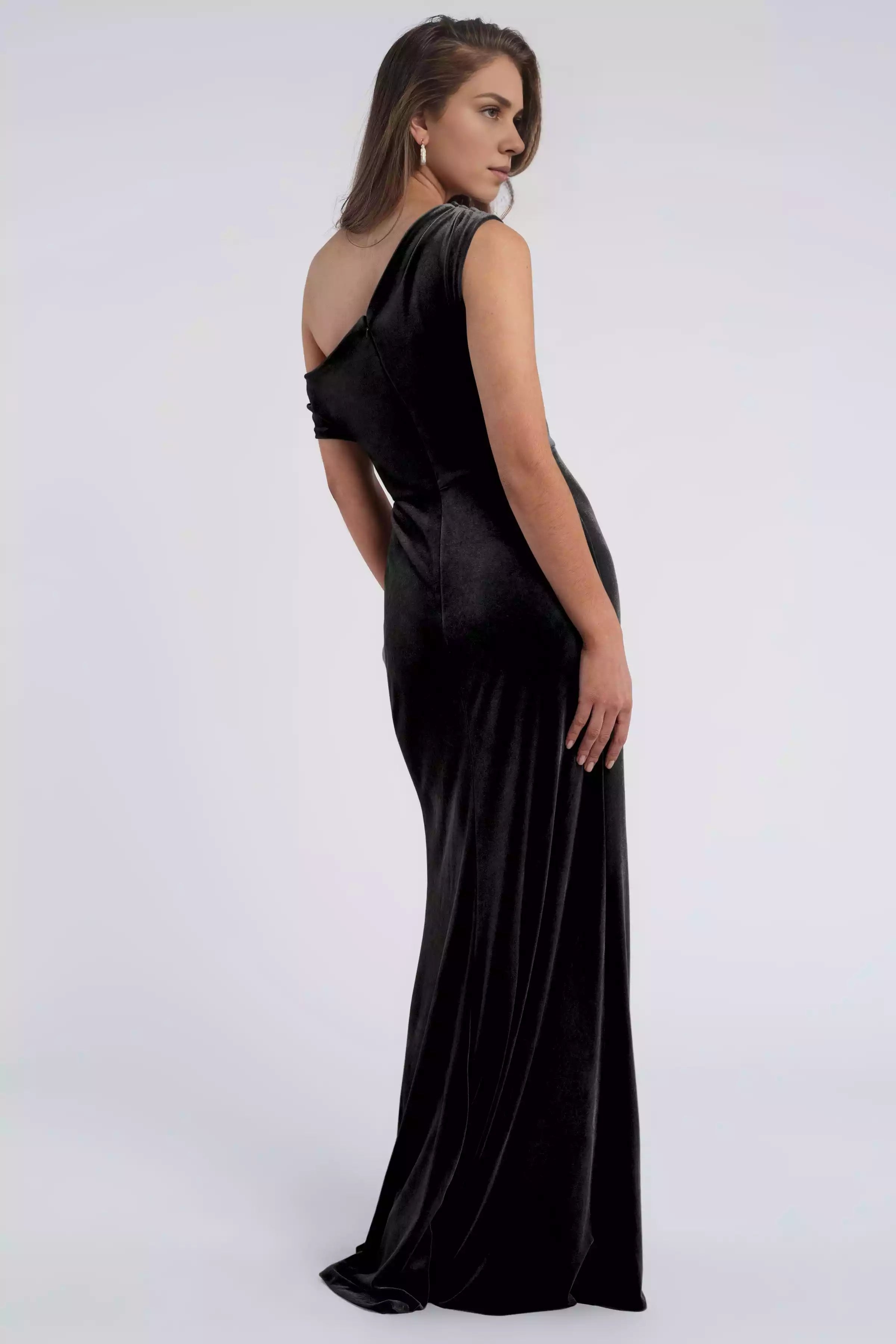 Charming asymmetrical dangling neckline with pleated details, velvet tight and slanted skirt, Bridesmaid Dresses