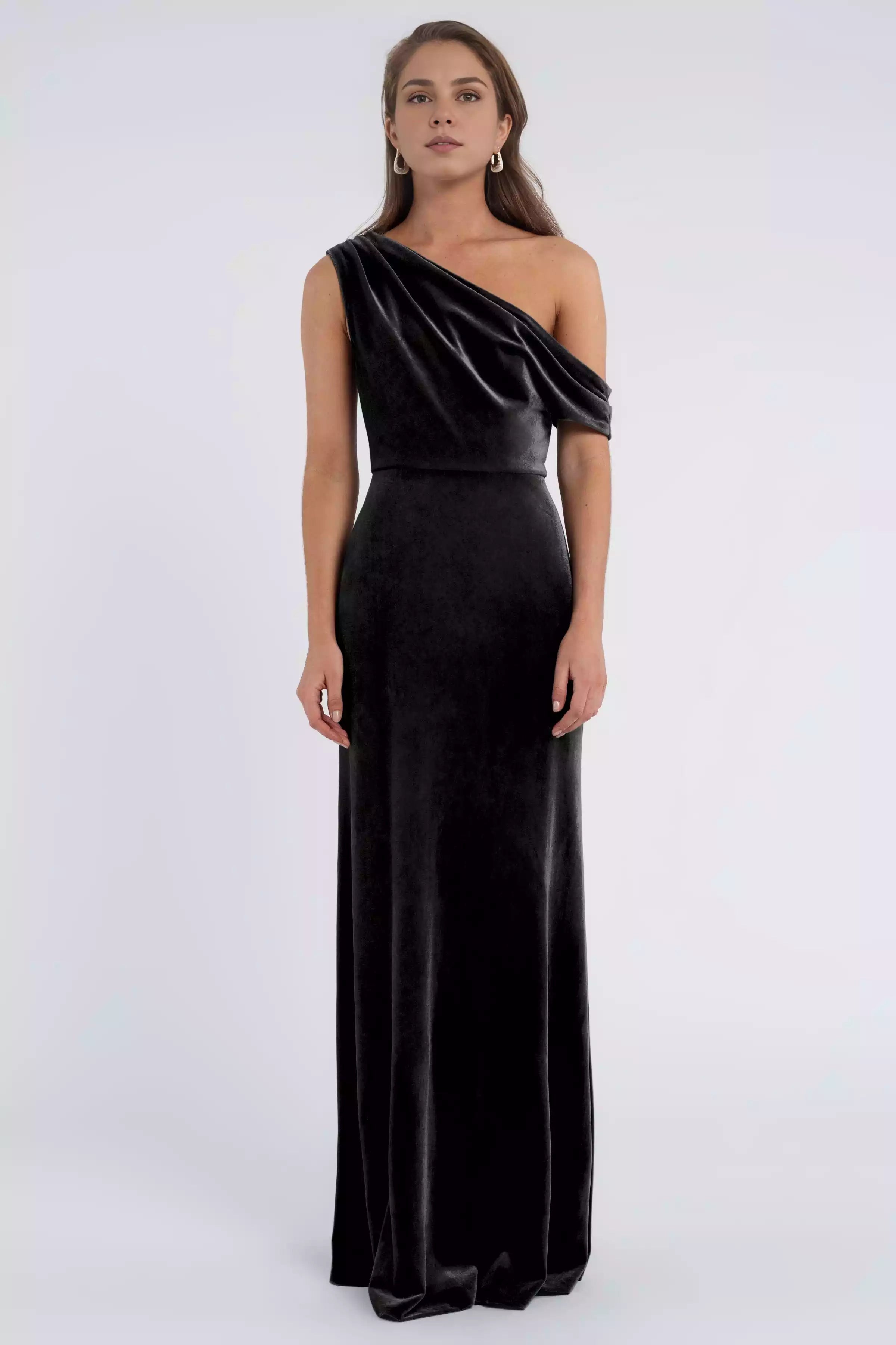 Charming asymmetrical dangling neckline with pleated details, velvet tight and slanted skirt, Bridesmaid Dresses