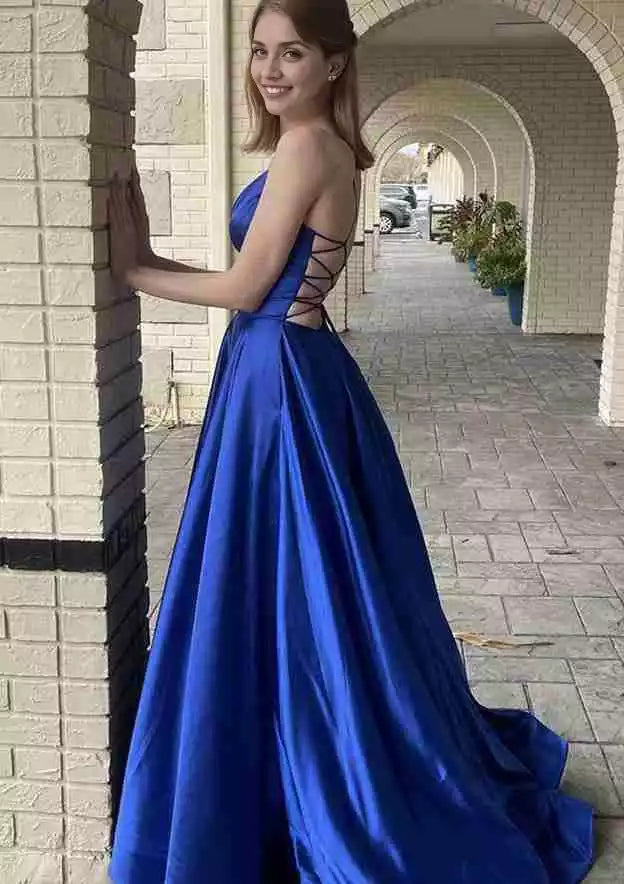 Charming classic A-line V-neck thin shoulder strap with trailing satin flowing style Prom Dresses
