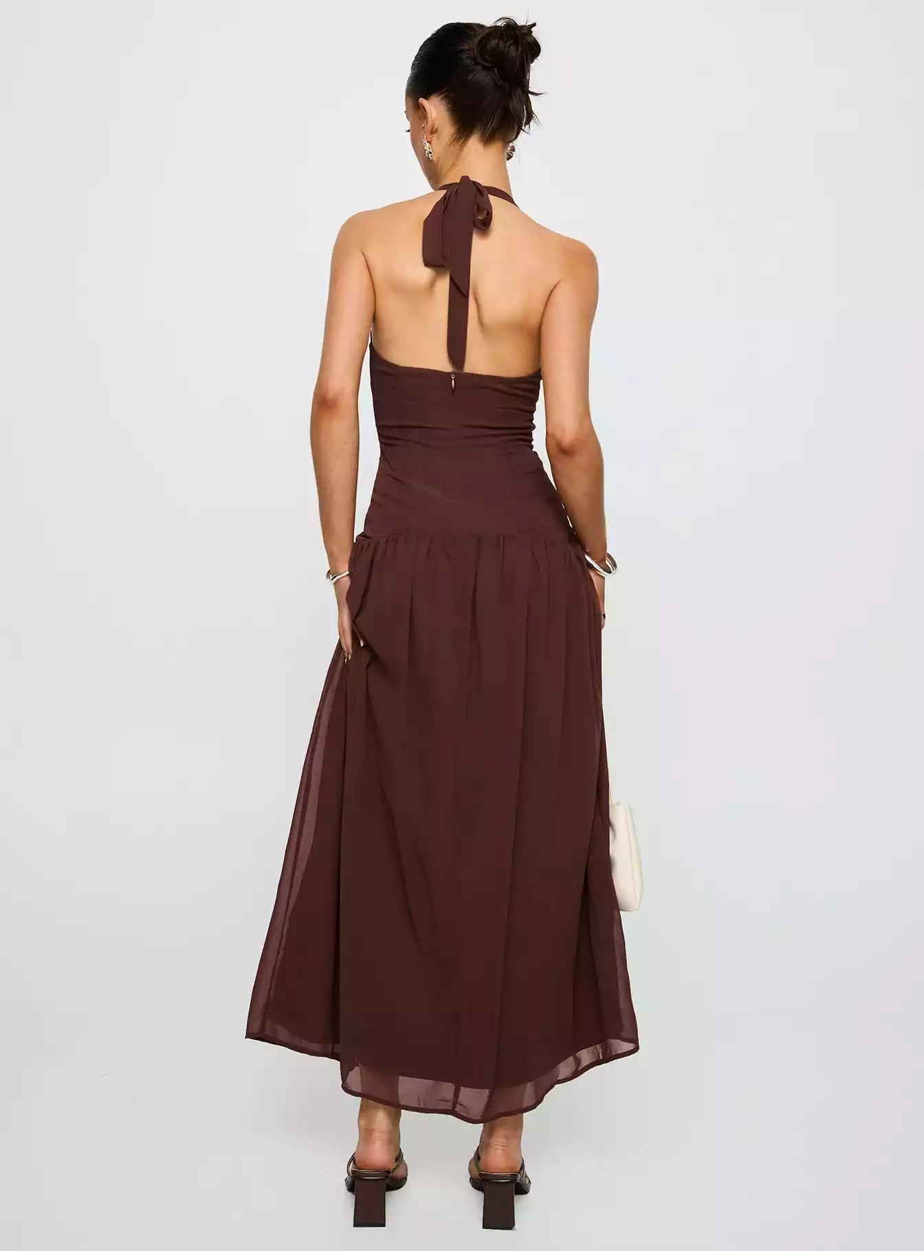 Charming low waist long V-neck pleated hem, back neck tie, hidden zipper, Prom Dresses