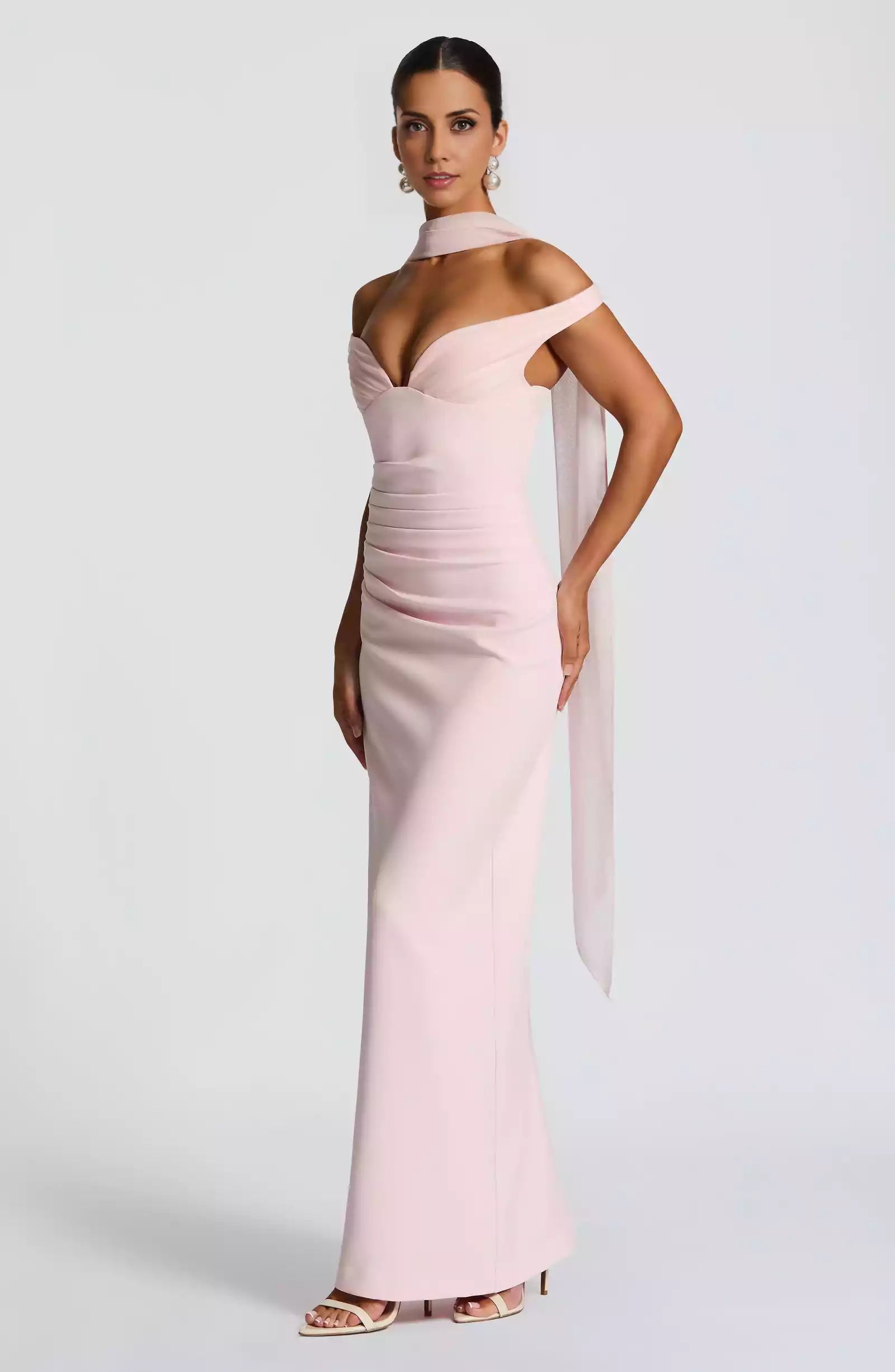 Charming non stretch crepe deep V-neck off shoulder collar elastic back with pleated chiffon back slit Prom Dresses
