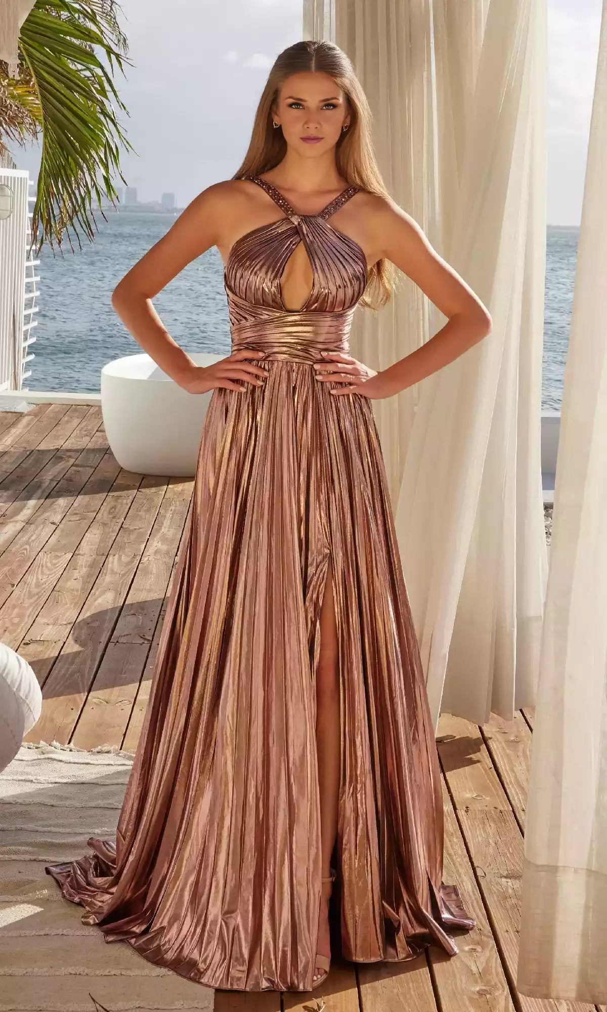 Charming pleated hollow wide waistband with lace up backless long pleated skirt with side slit A, showcasing elegant temperament Prom Dresses