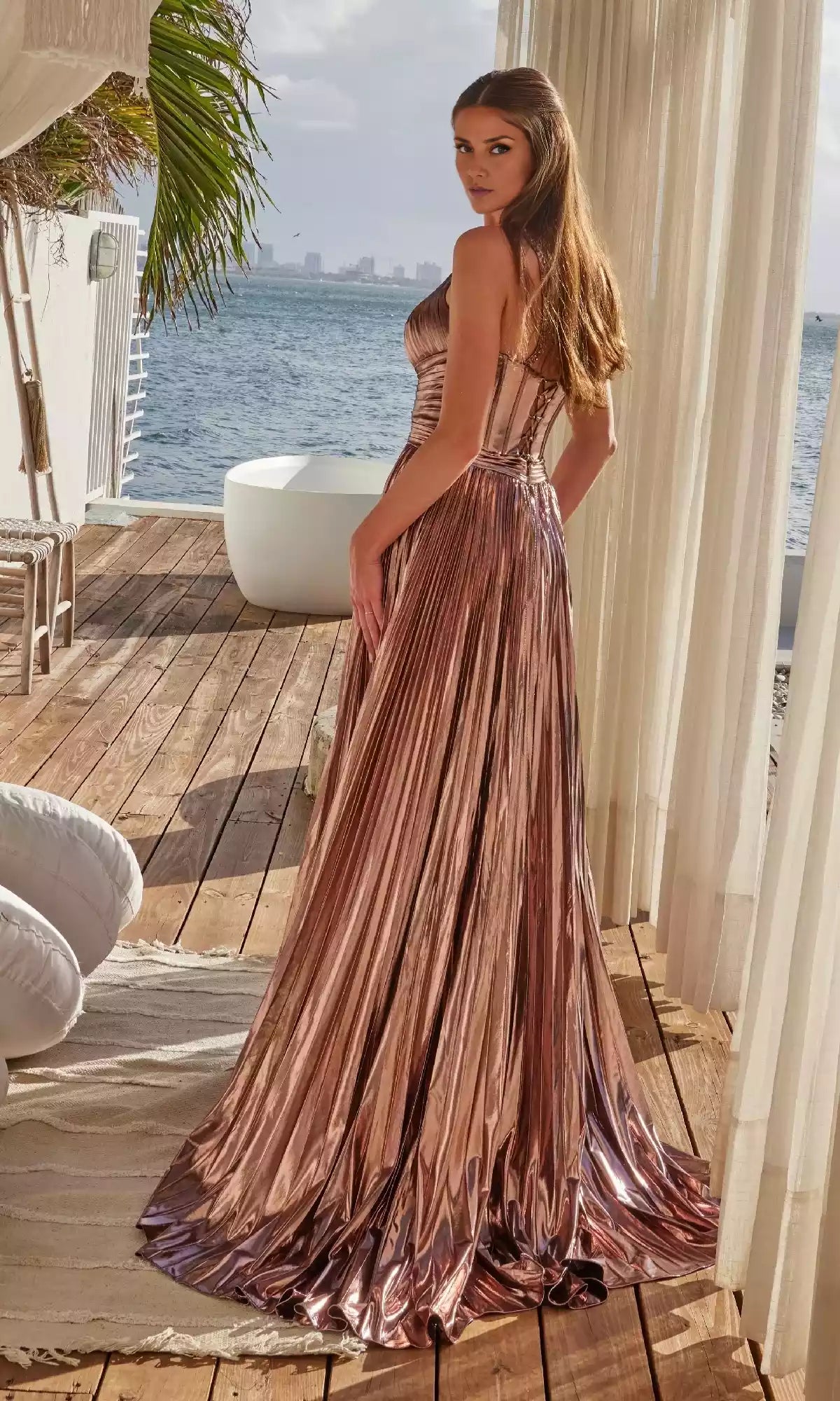 Charming pleated hollow wide waistband with lace up backless long pleated skirt with side slit A, showcasing elegant temperament Prom Dresses