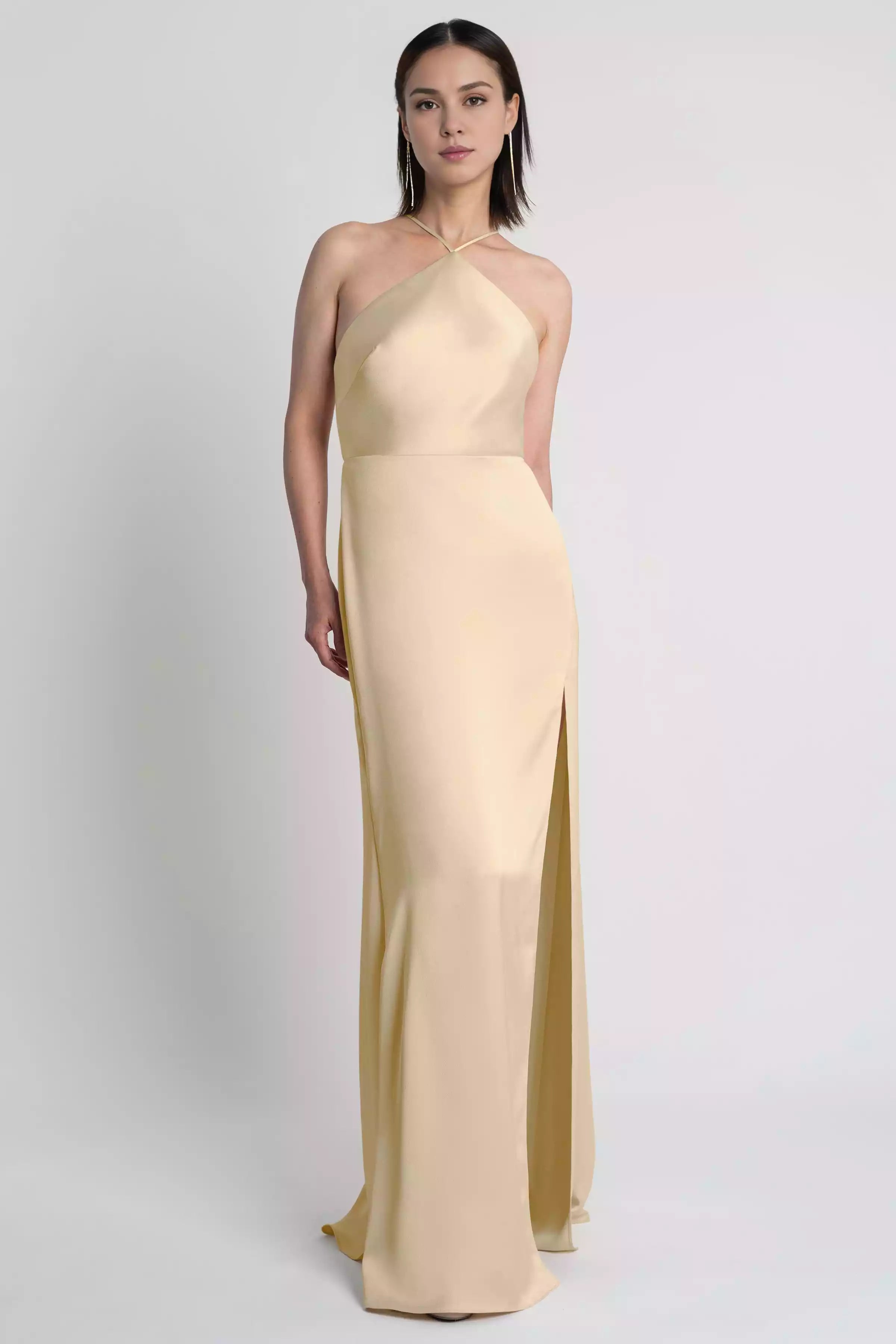 Charming satin classic silhouette with off shoulder and backless straps, bold side slits for Bridesmaid Dresses