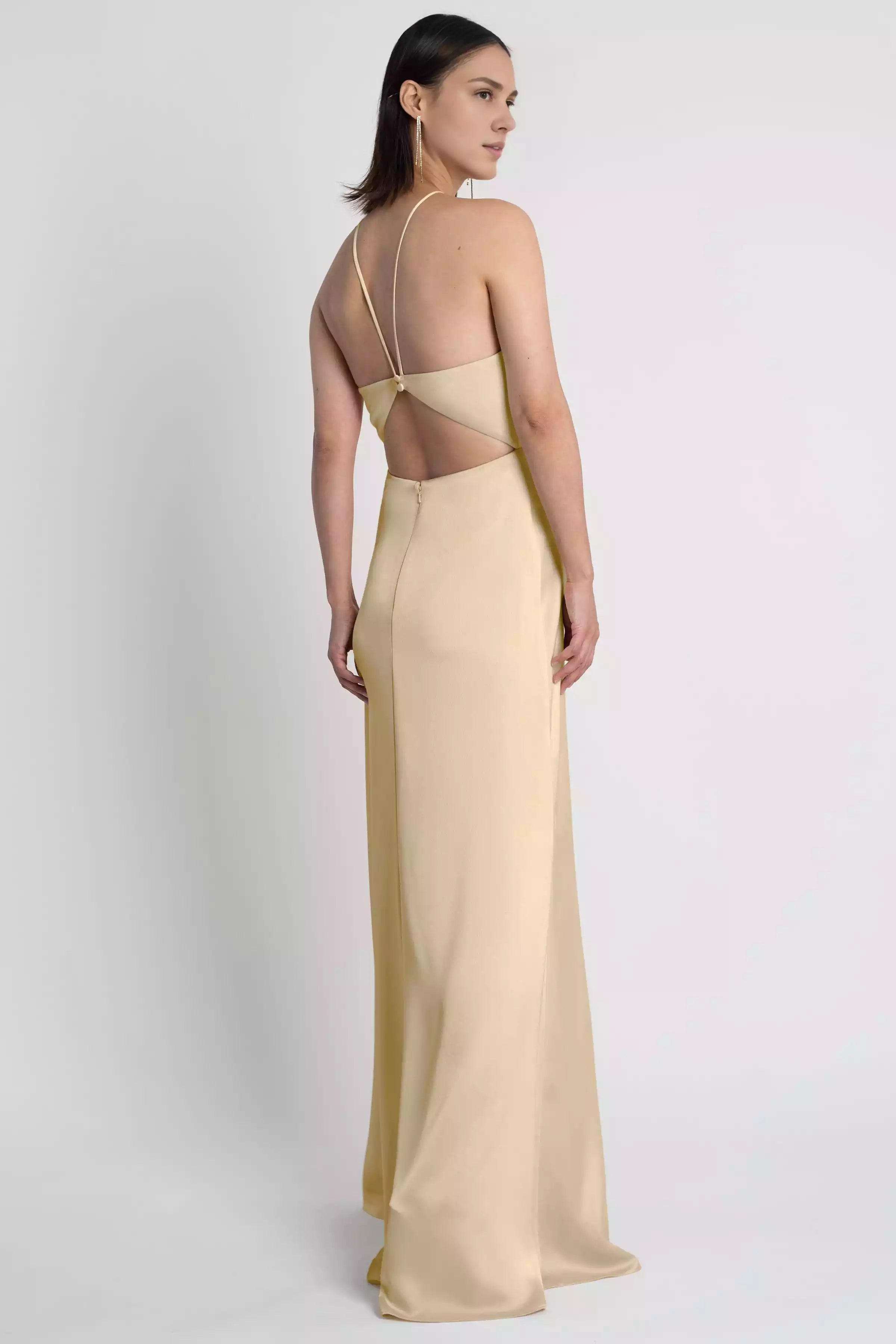 Charming satin classic silhouette with off shoulder and backless straps, bold side slits for Bridesmaid Dresses