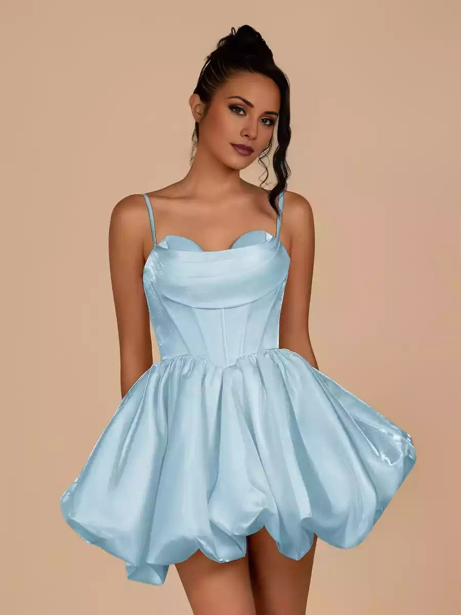 Charming satin mini short heart-shaped collar sleeveless corset with bubble hem and lace up back Homecoming Dresses