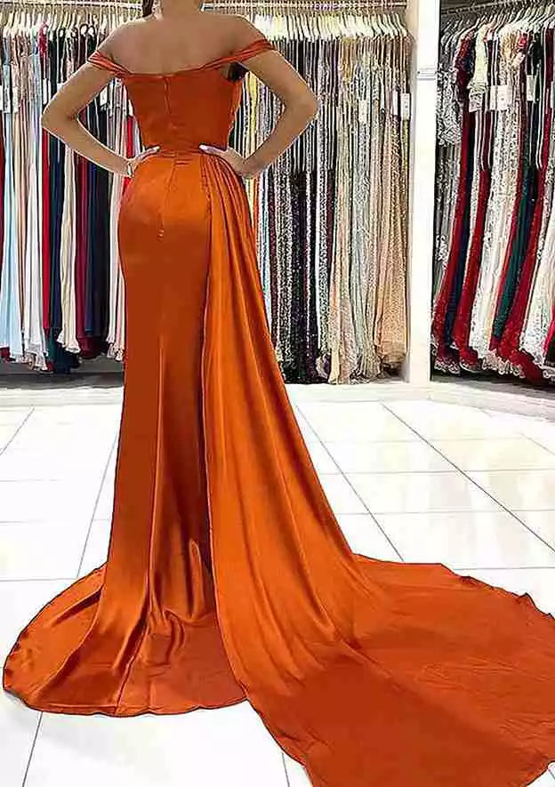 Charming slim fit/straight off shoulder short sleeved satin trailing pleated Prom Dresses