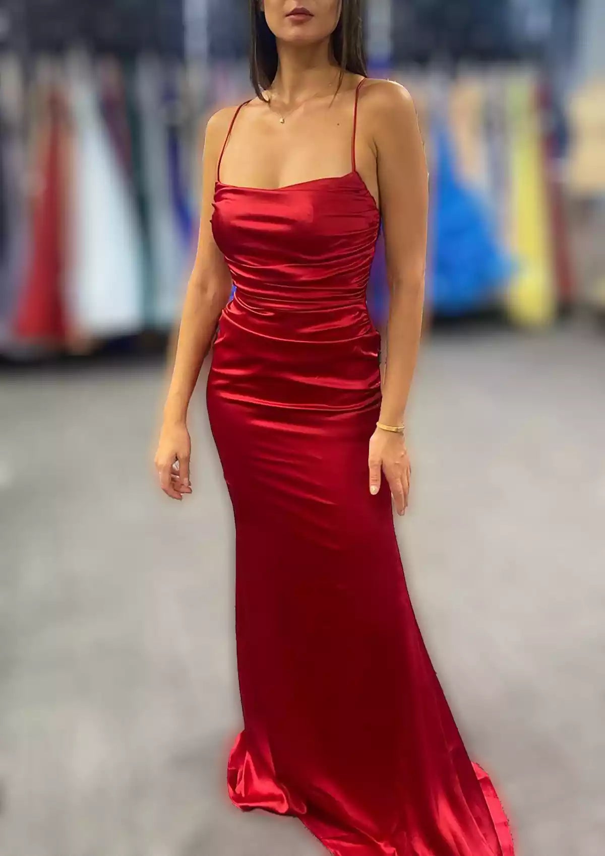 Charming slim fit/straight tube boat neck thin shoulder strap long/floor pleated silk Prom Dresses
