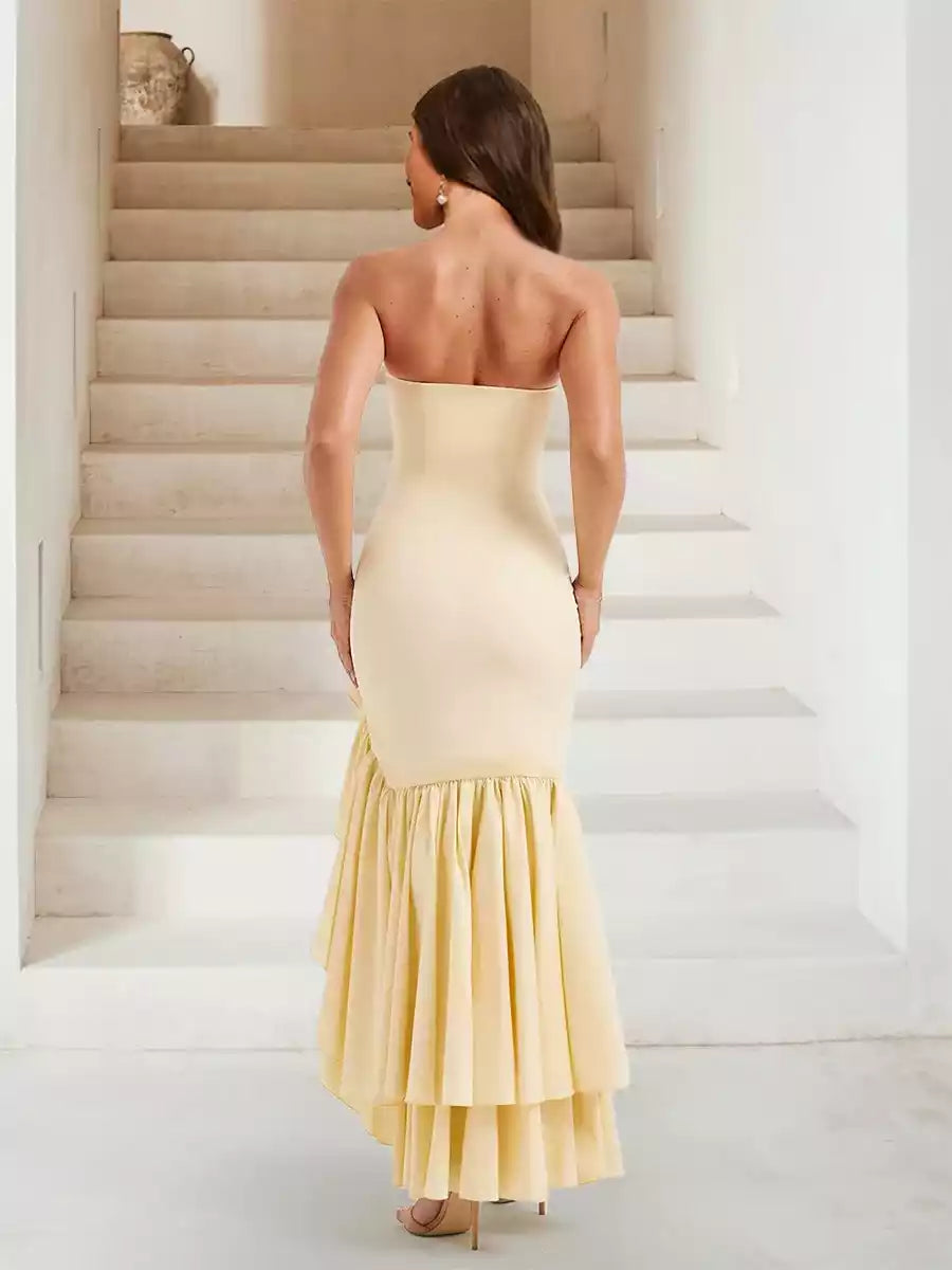 Charming speaker/mermaid style strapless ruffle edge multi-layer long design with side slits Bridesmaid Dresses