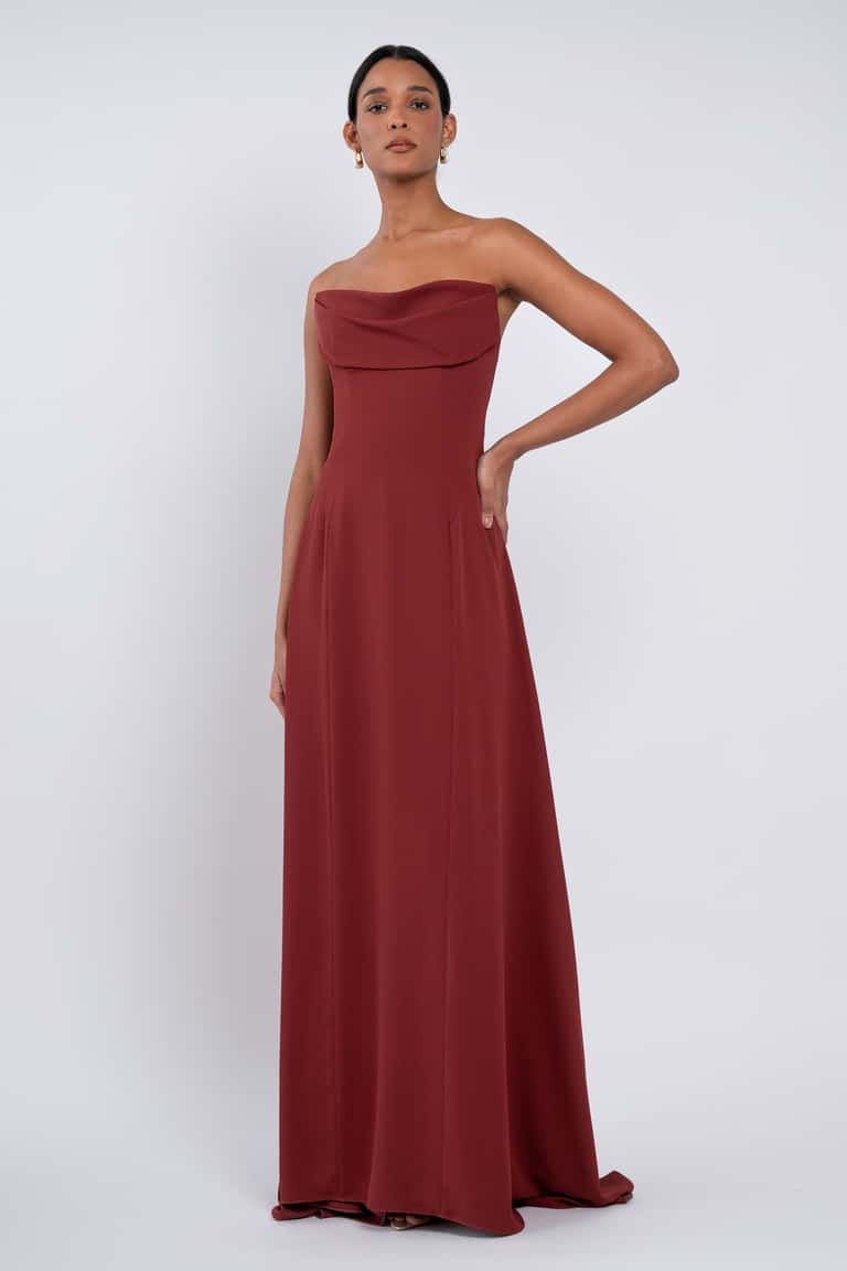 Form-Fitting Strapless Cowl Neck Floor Length Bridesmaid Dresses