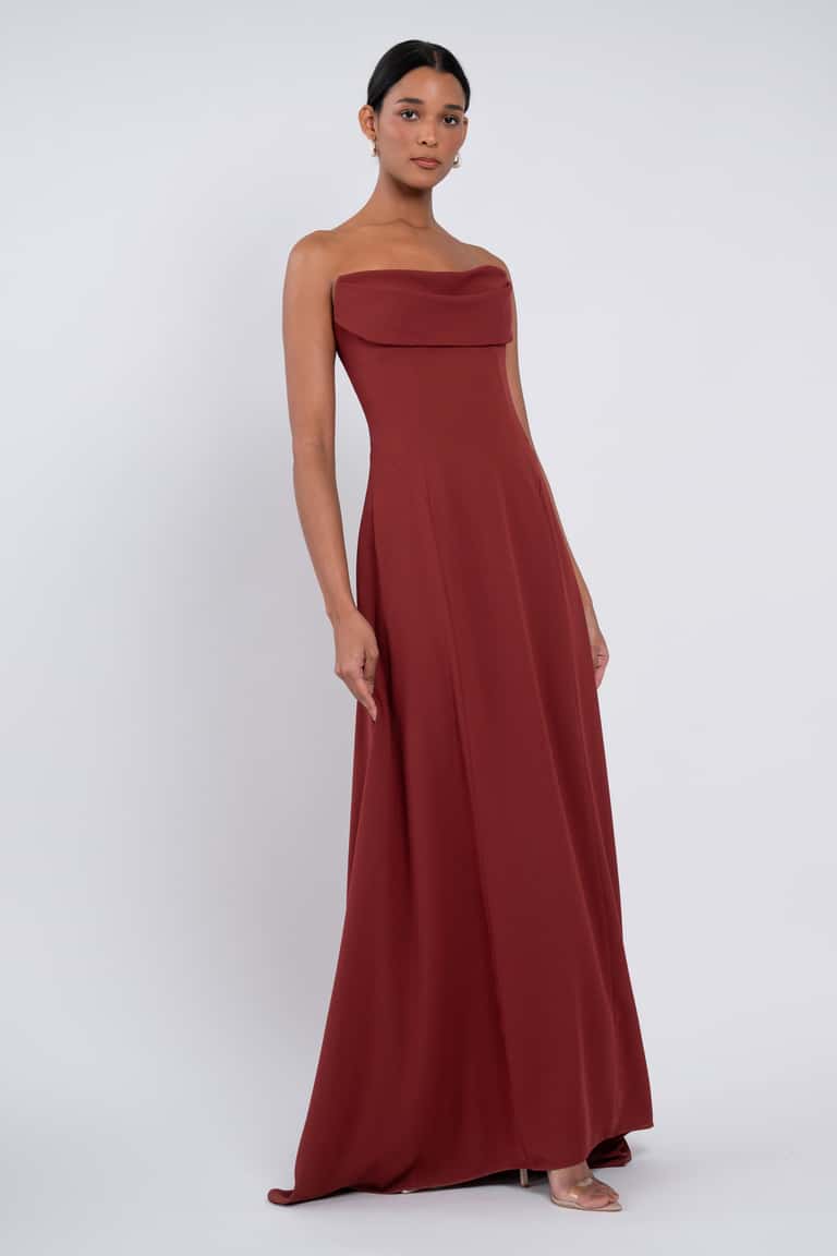 Form-Fitting Strapless Cowl Neck Floor Length Bridesmaid Dresses