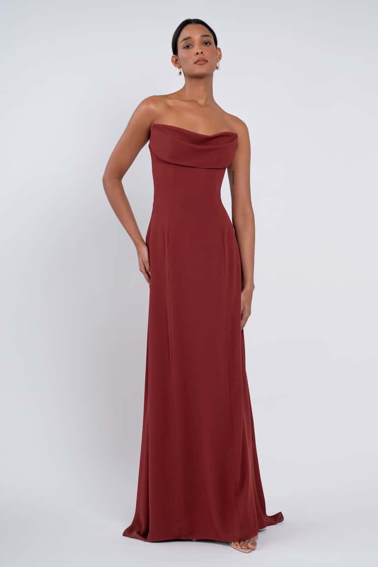 Form-Fitting Strapless Cowl Neck Floor Length Bridesmaid Dresses