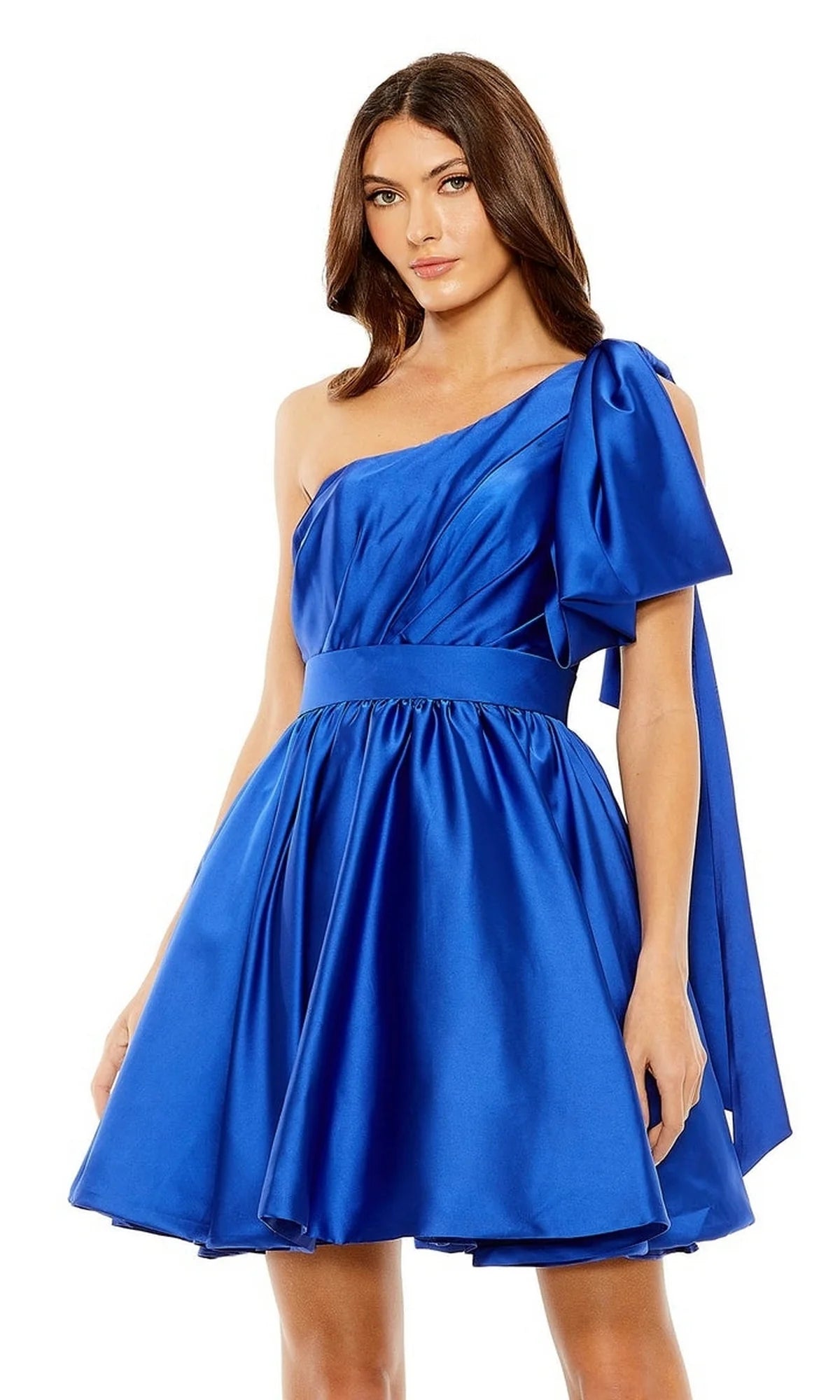 Chic A-Line Mini Homecoming Dress One Shoulder Large Bow Draped Bodice Waistband Zipper Back Satin