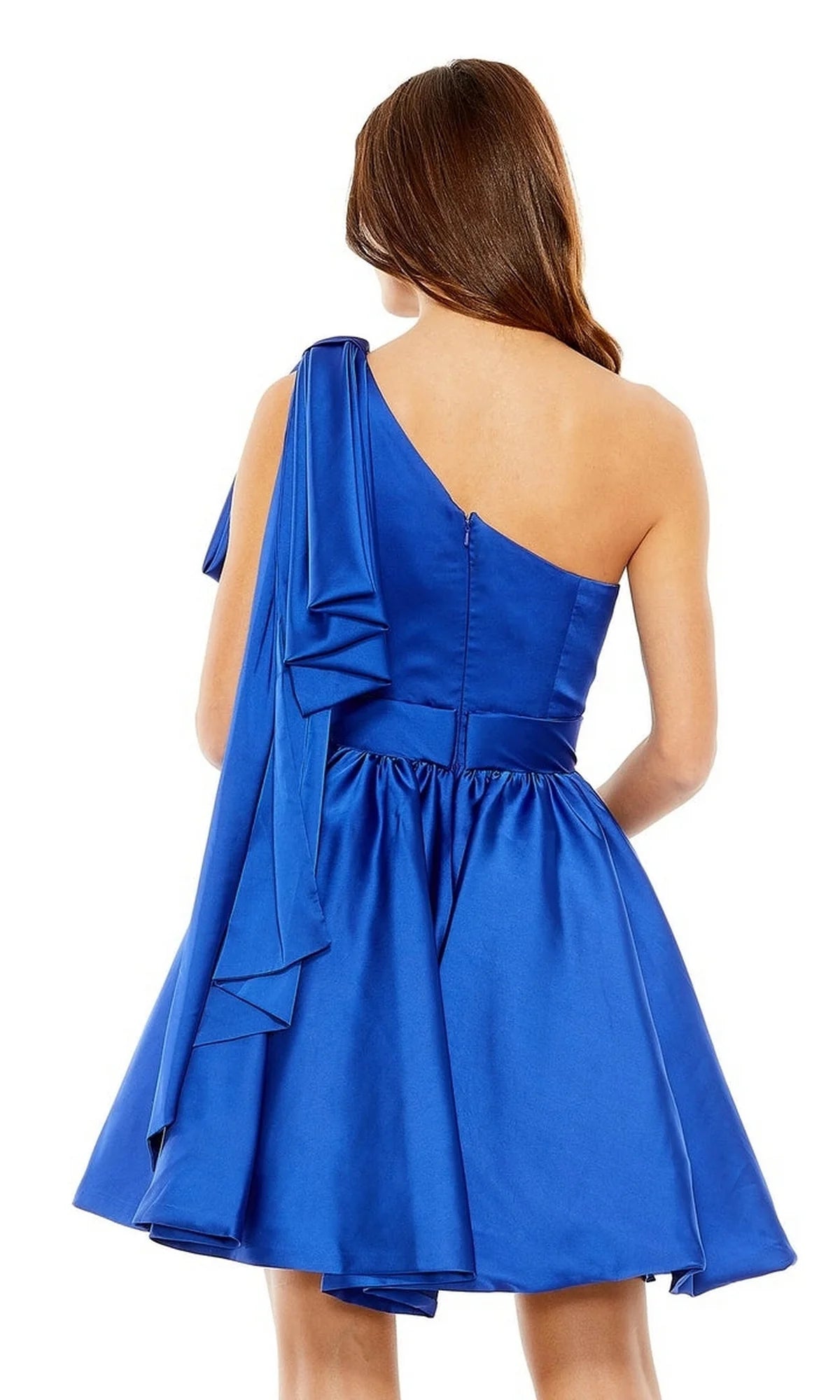 Chic A-Line Mini Homecoming Dress One Shoulder Large Bow Draped Bodice Waistband Zipper Back Satin