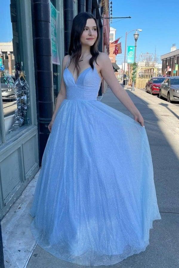 Chic A-line Spaghetti Straps Long Prom Dresses Evening