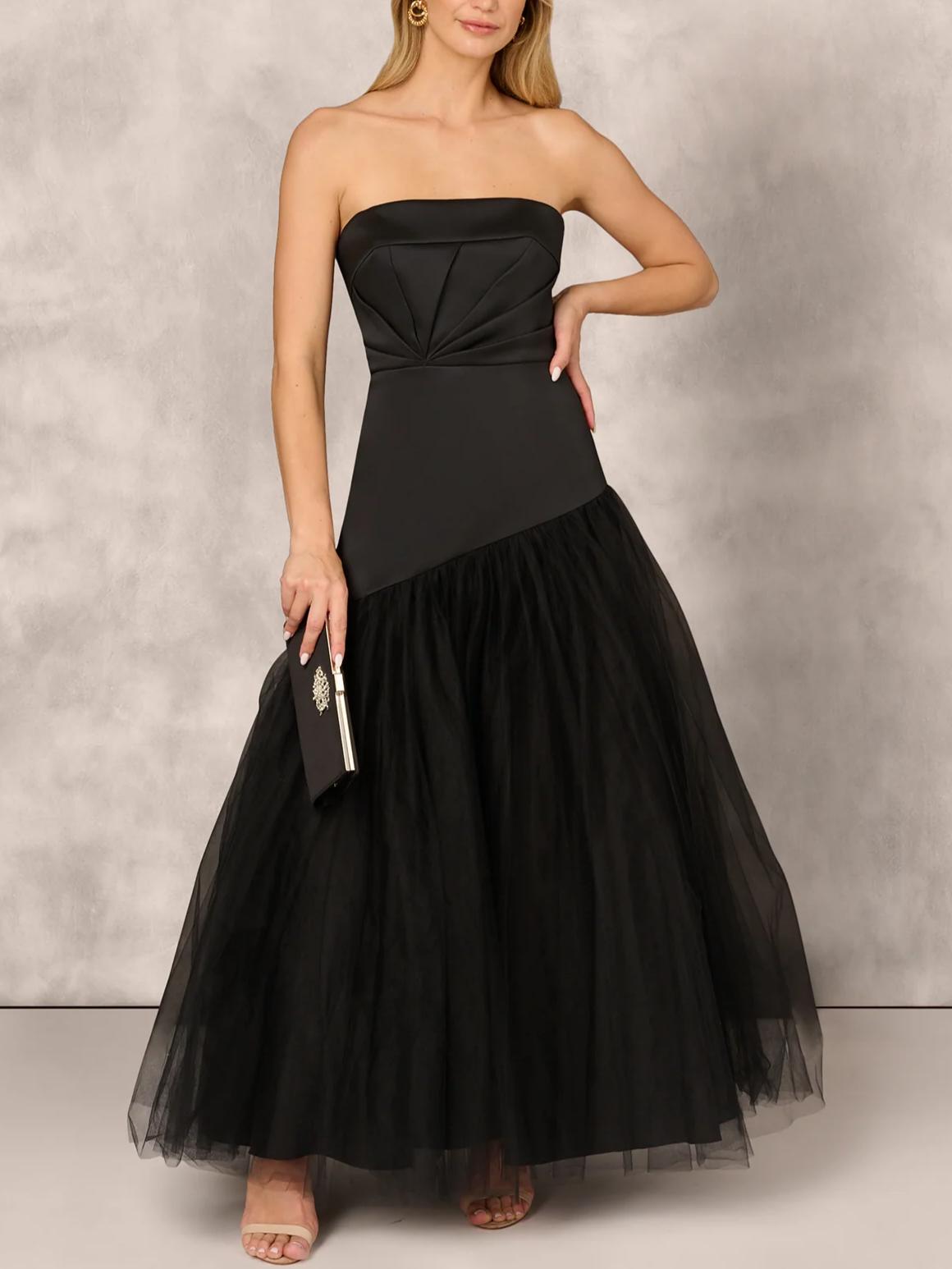 Chic A-Line Strapless Sleeveless Zipper-Back Floor-Length Satin and Tulle Evening Dress