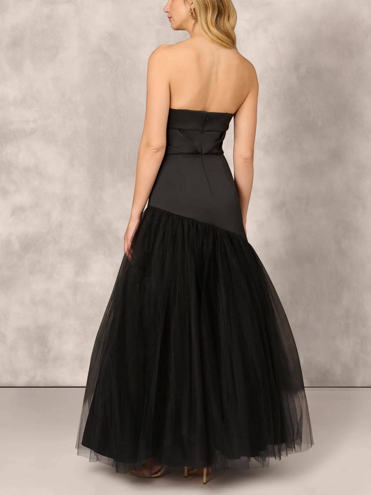 Chic A-Line Strapless Sleeveless Zipper-Back Floor-Length Satin and Tulle Evening Dress