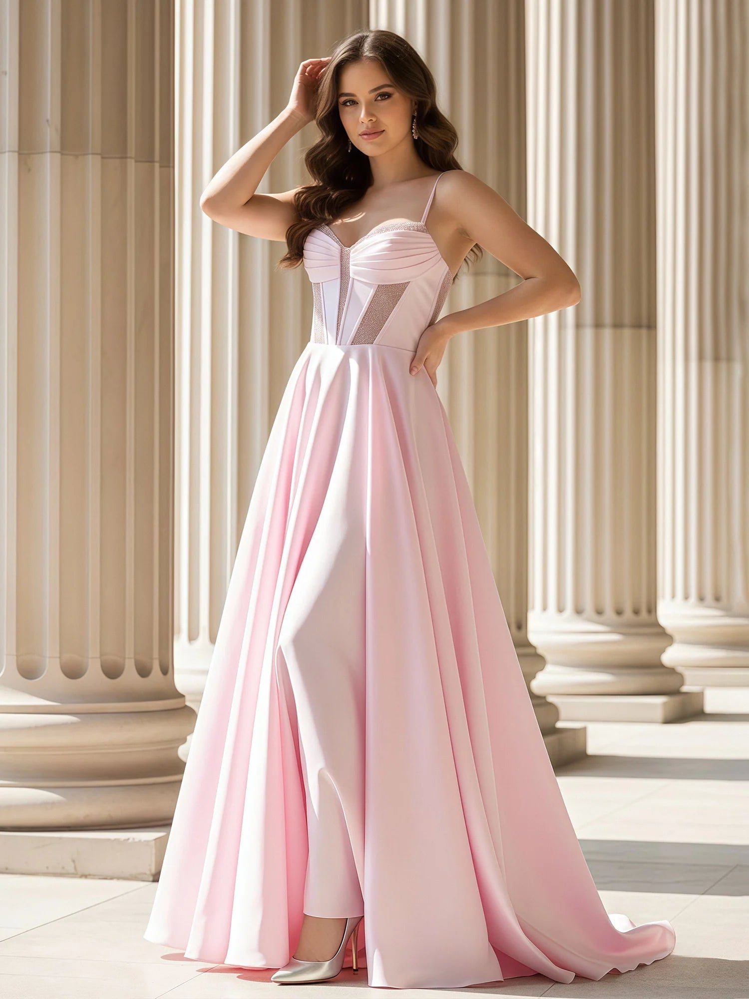 Chic A-Line Sweetheart Neck Spaghetti Straps Lace-Up Back Floor Length Evening Dresses