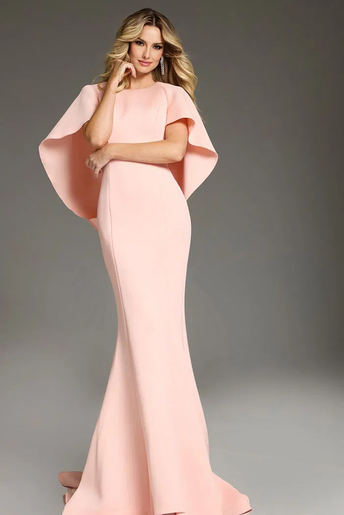 Chic Blush Pink Evening Dress with Crew Neck, Dramatic Cape Sleeves and Mermaid Silhouette with Train