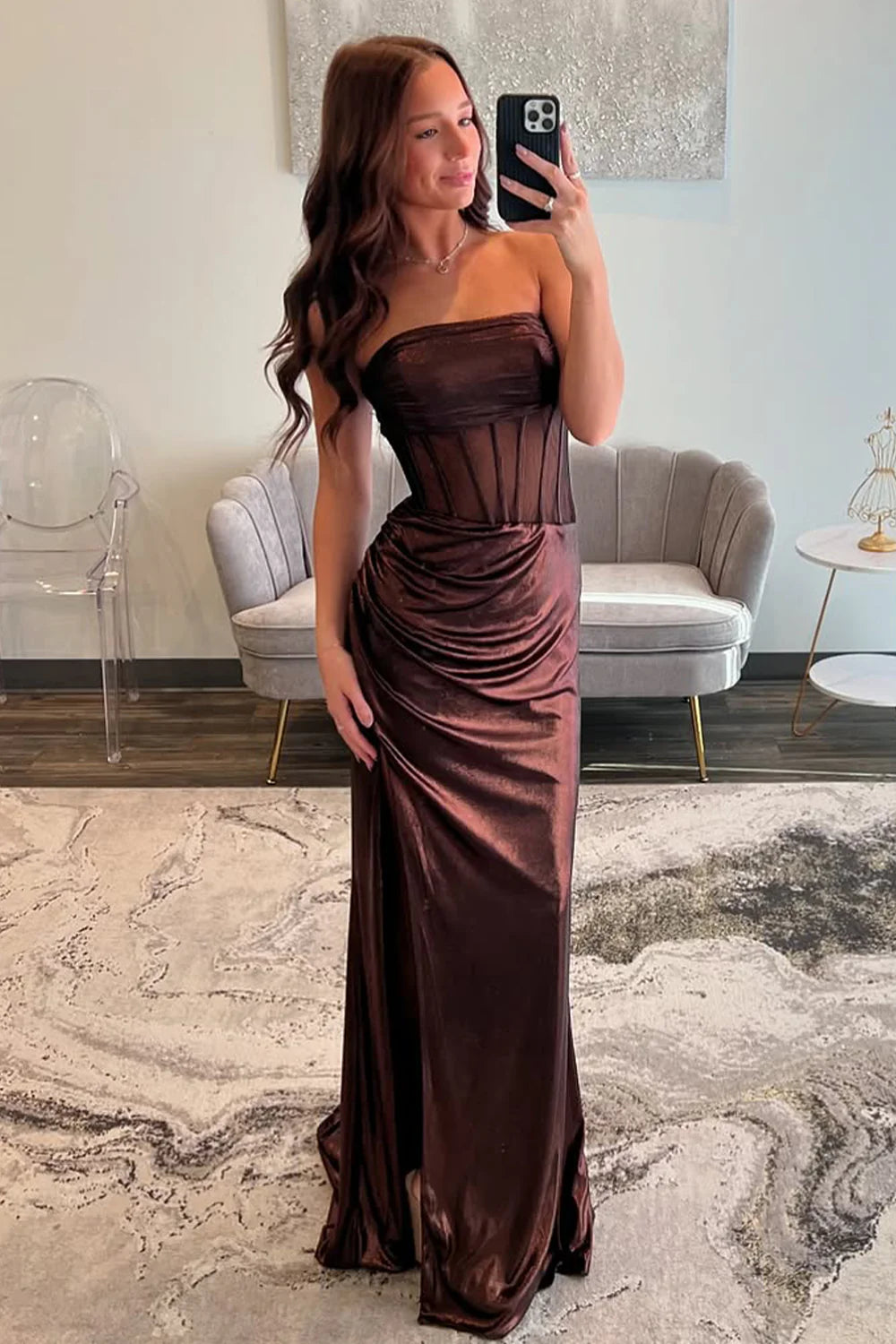 Chic Mermaid Strapless Long Brown Metallic  Unique Design Prom Dress