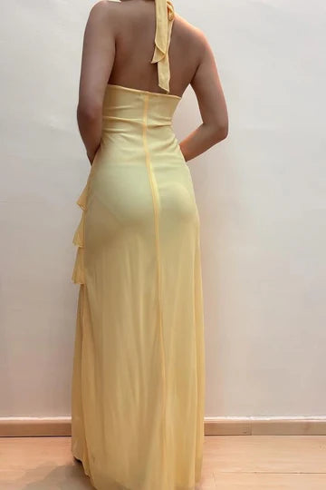 Chic Chiffon A-Line V-Neck Halter Ruffled Party Evening Dress