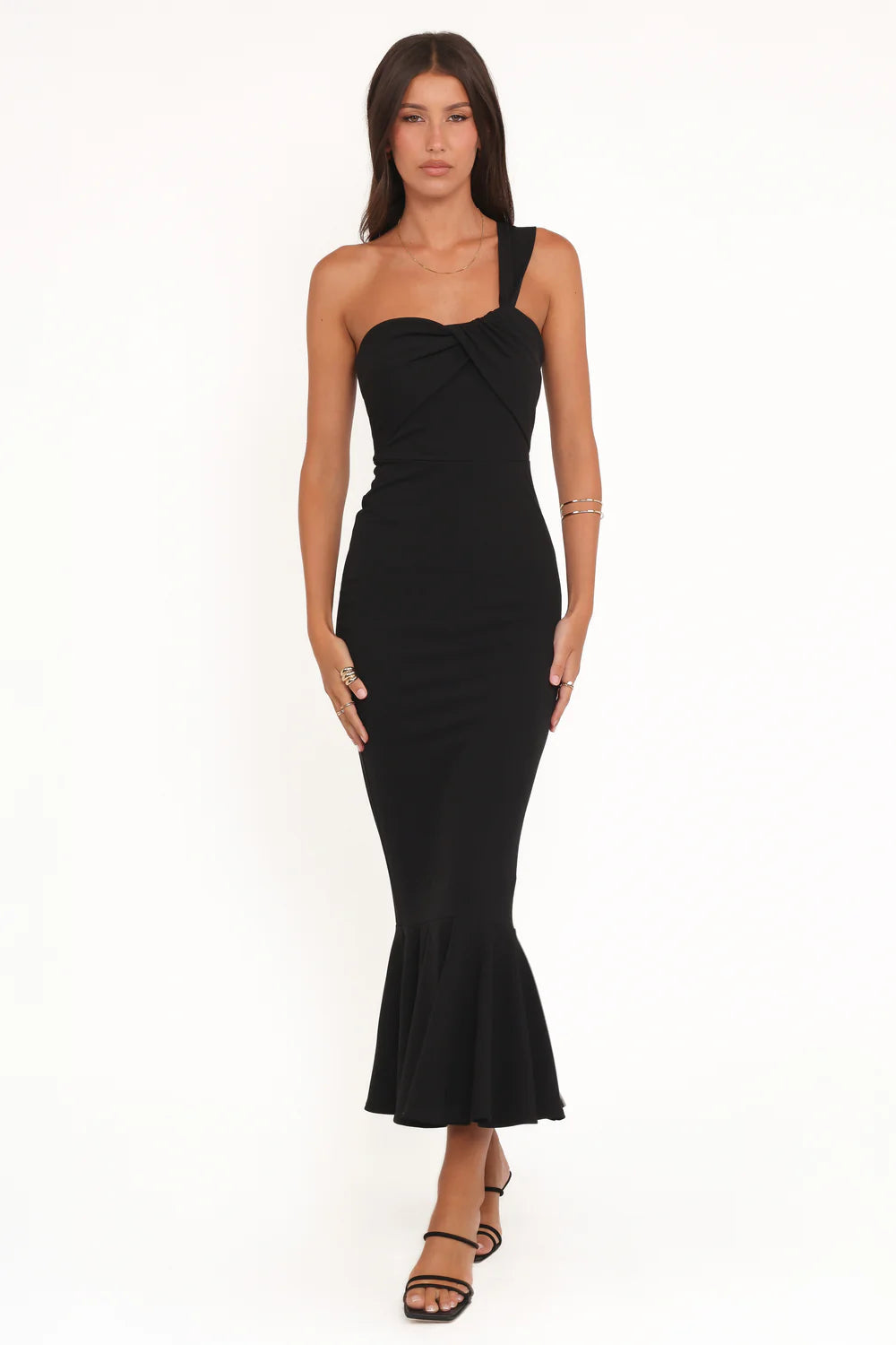 Chic Crepe Mermaid One Shoulder Twisted Bust Sleeveless Solid Back Flared Hem Midi Evening Dress