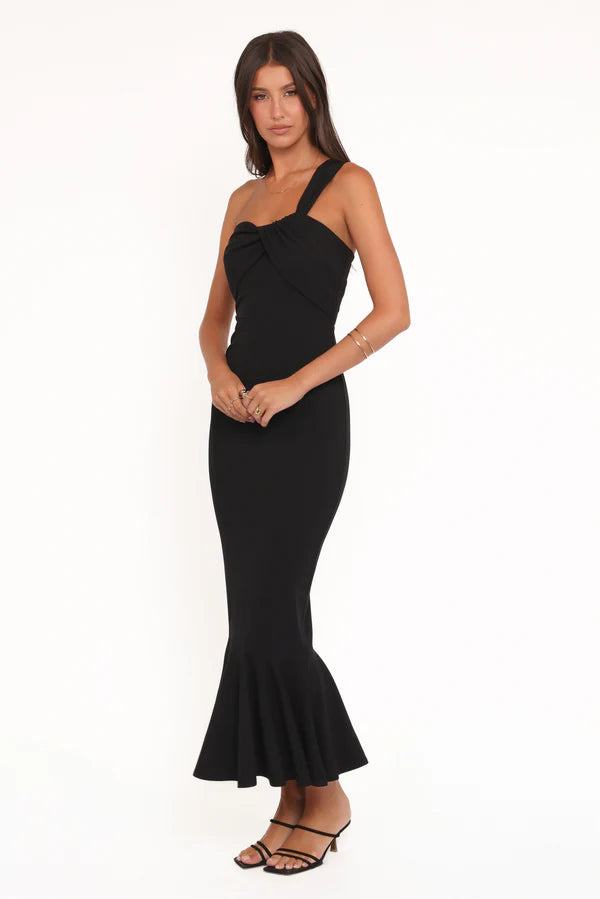 Chic Crepe Mermaid One Shoulder Twisted Bust Sleeveless Solid Back Flared Hem Midi Evening Dress