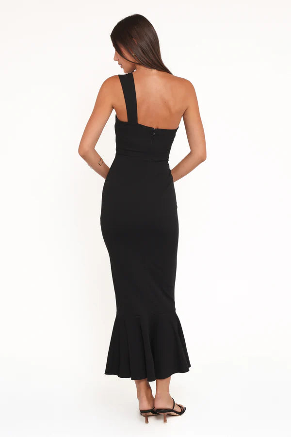 Chic Crepe Mermaid One Shoulder Twisted Bust Sleeveless Solid Back Flared Hem Midi Evening Dress