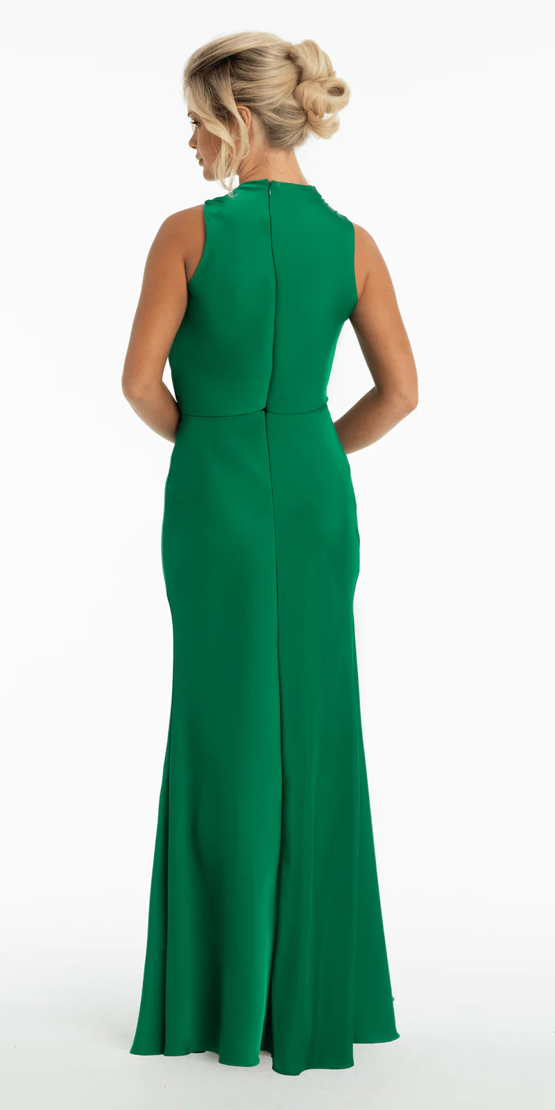 Chic Evening Dress with Draped High Neckline and Emerald Satin Mermaid Silhouette