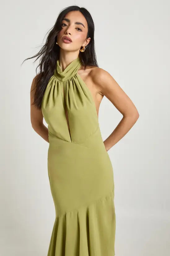 Chic Halter Tie-Back Ruffled Asymmetrical Midi Evening Dresses