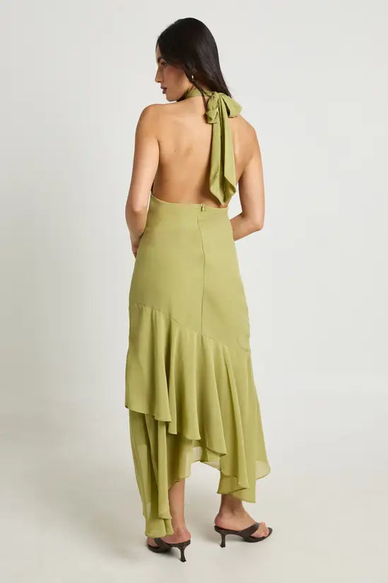 Chic Halter Tie-Back Ruffled Asymmetrical Midi Evening Dresses
