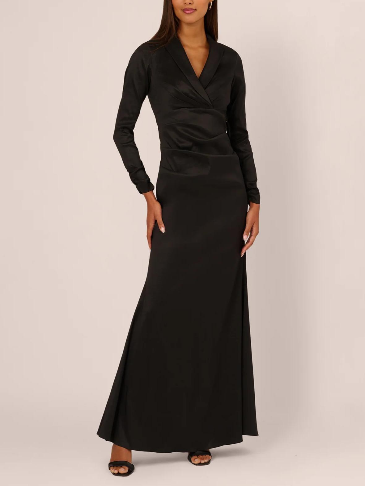 Chic Mermaid Shawl-Collar Long-Sleeve Zipper-Back Floor-Length Satin Evening Dress