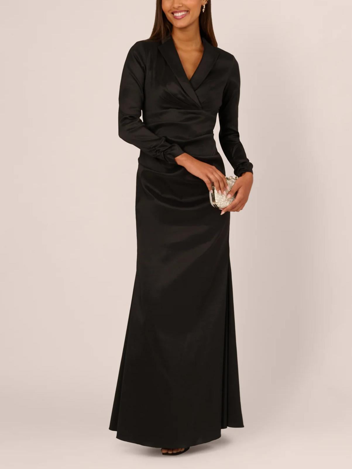 Chic Mermaid Shawl-Collar Long-Sleeve Zipper-Back Floor-Length Satin Evening Dress