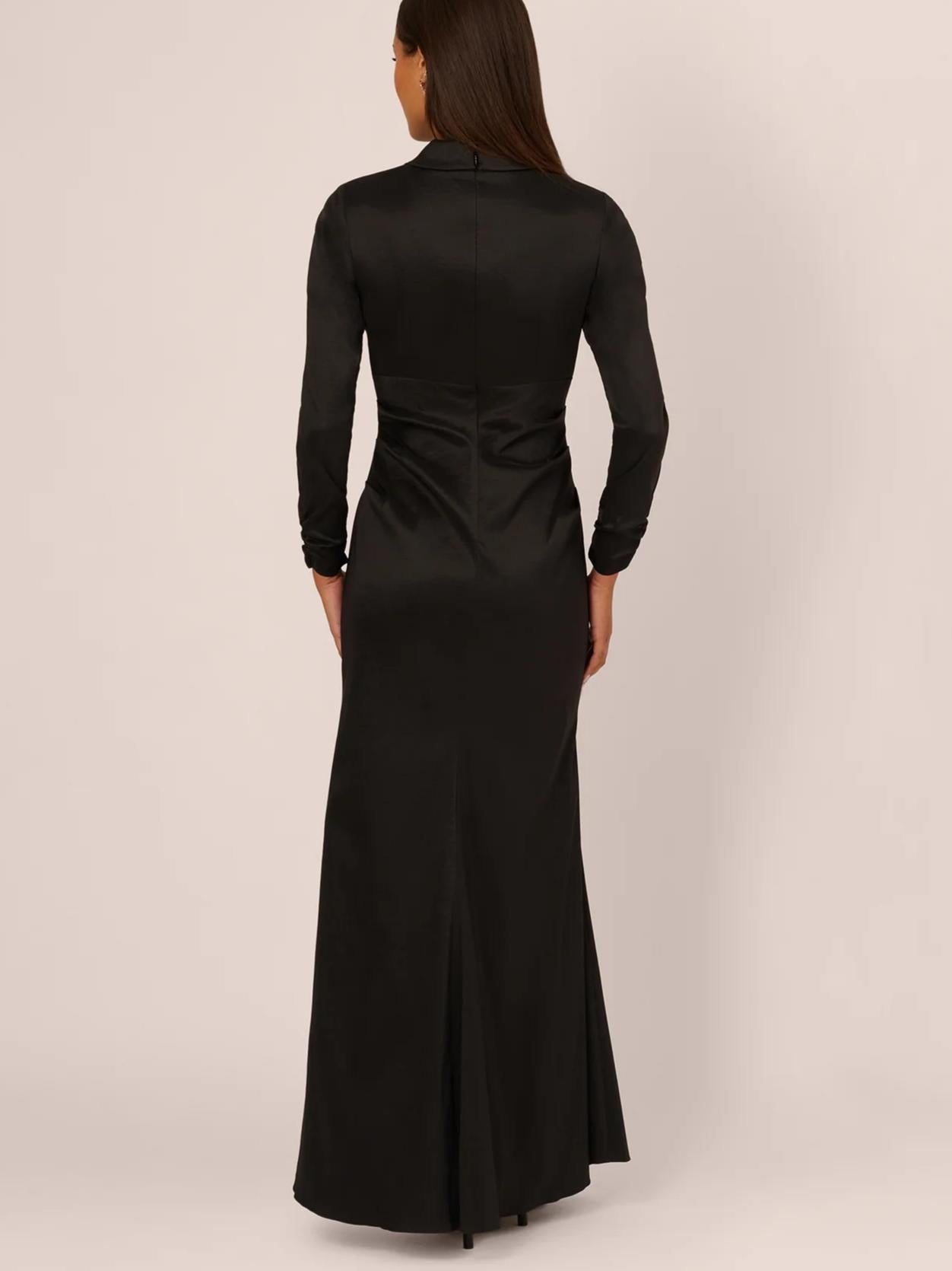 Chic Mermaid Shawl-Collar Long-Sleeve Zipper-Back Floor-Length Satin Evening Dress