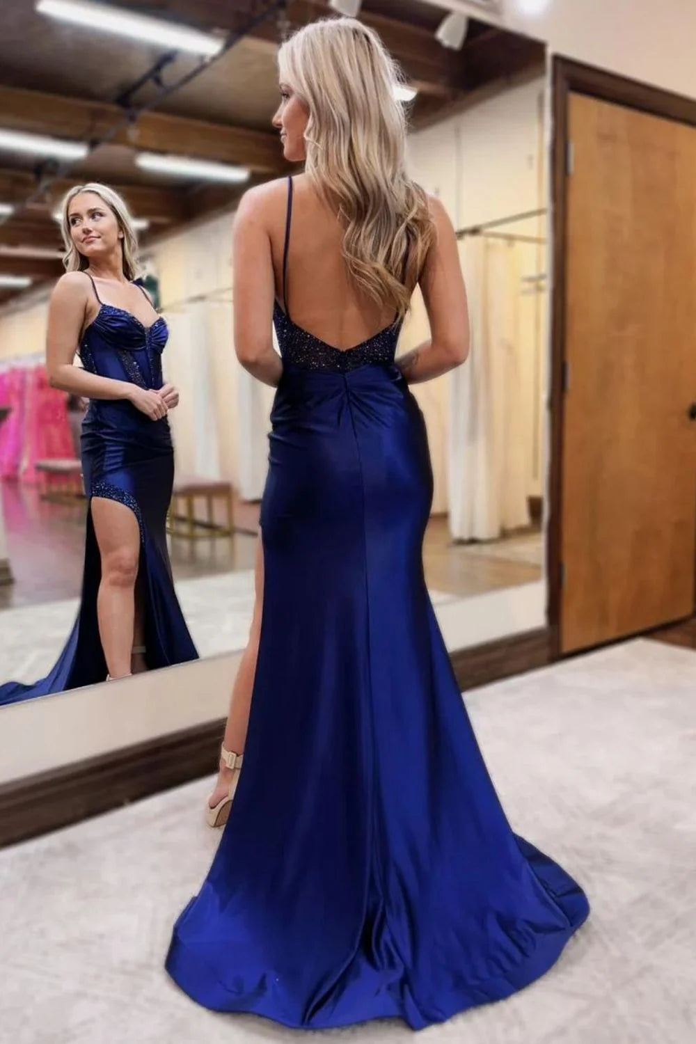 Chic Mermaid Spaghetti Straps Open Back Long Satin Full Of Charm Prom Dress