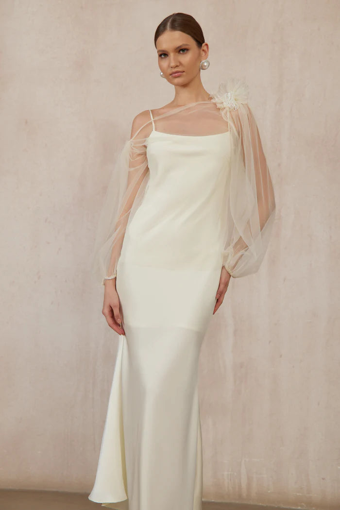Chic Mermaid Straight Neckline Spaghetti Strap Sheer Puff Sleeve Floor Length Evening Dress
