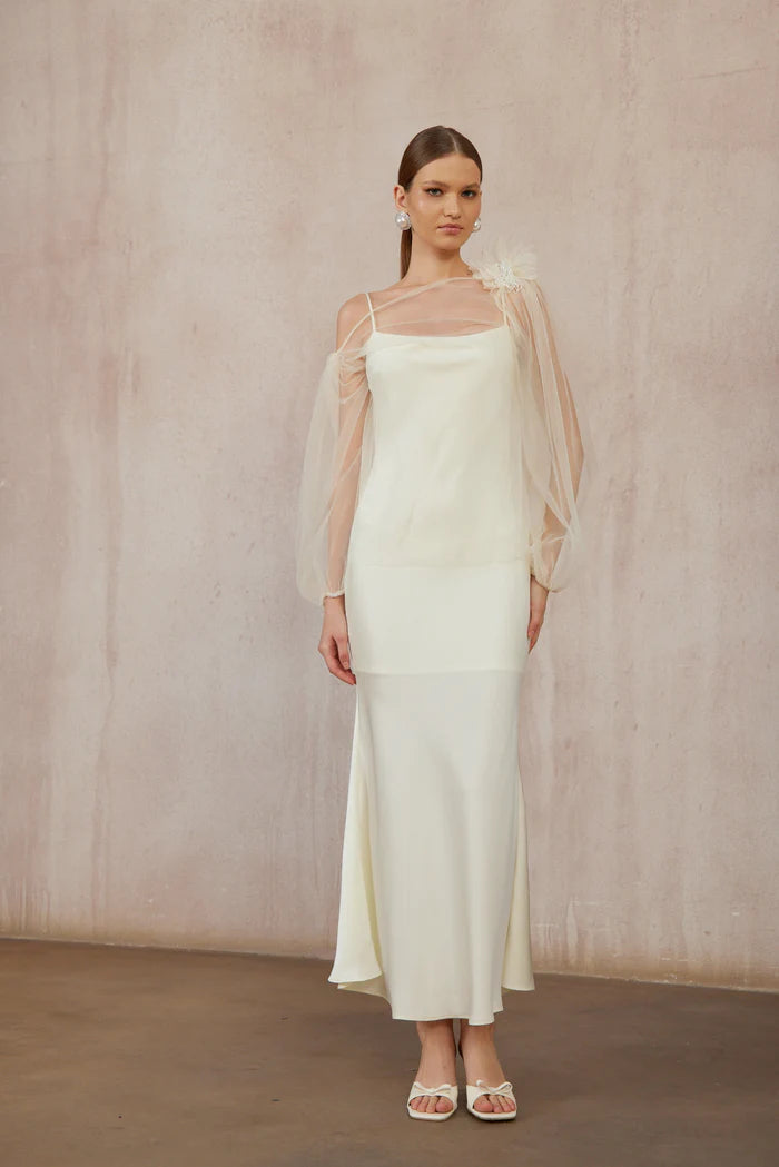 Chic Mermaid Straight Neckline Spaghetti Strap Sheer Puff Sleeve Floor Length Evening Dress